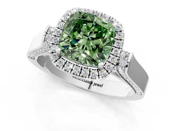 Platinum Fancy Green Cushion Cut Halo Round Diamond Twist Band with Four-Prong Setting
