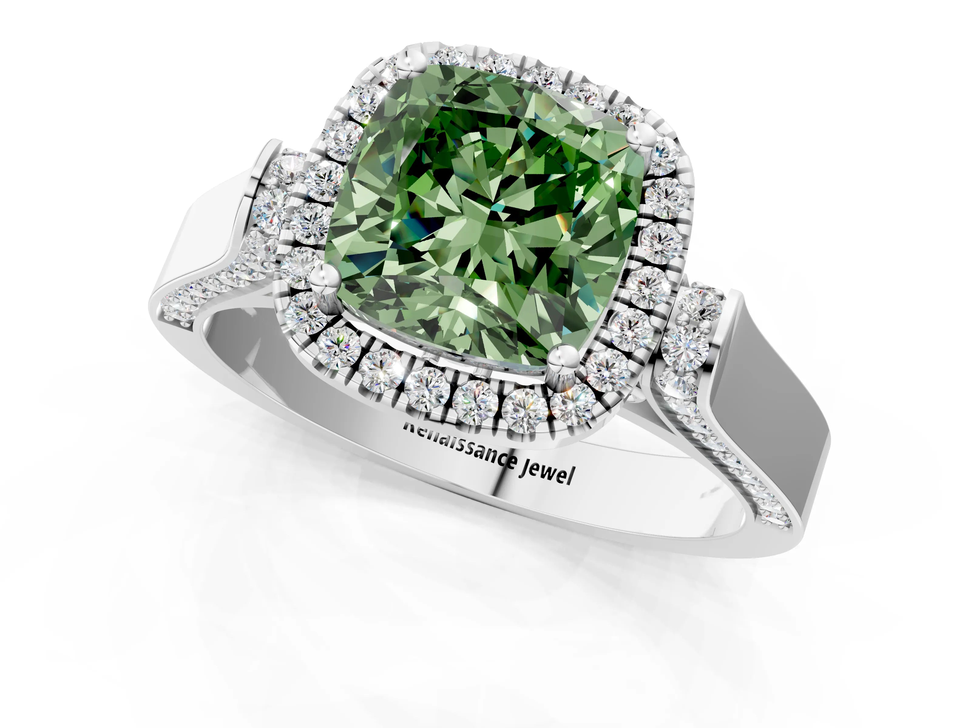 White gold Fancy Green Cushion Cut Halo Round Diamond Twist Band with Four-Prong Setting_25