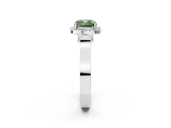 Platinum Fancy Green Cushion Cut Halo Round Diamond Twist Band with Four-Prong Setting