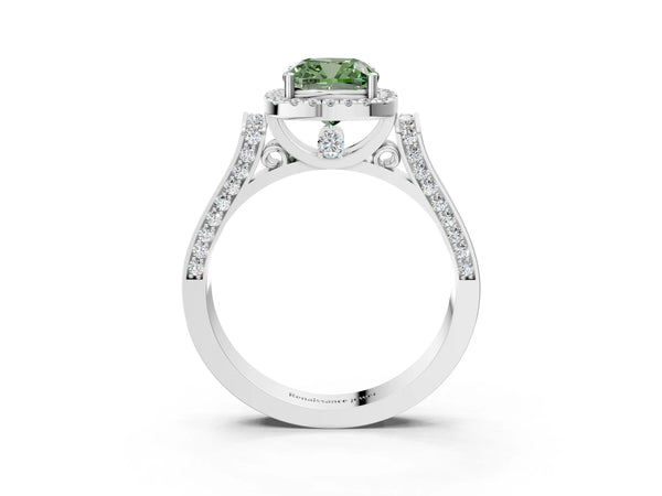 Platinum Fancy Green Cushion Cut Halo Round Diamond Twist Band with Four-Prong Setting