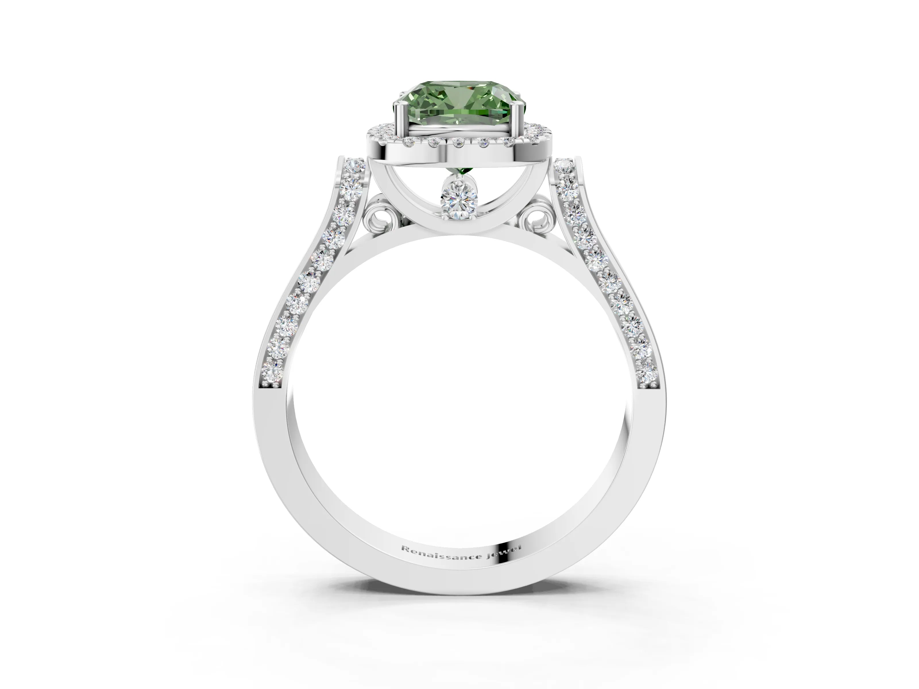 White gold Fancy Green Cushion Cut Halo Round Diamond Twist Band with Four-Prong Setting_27