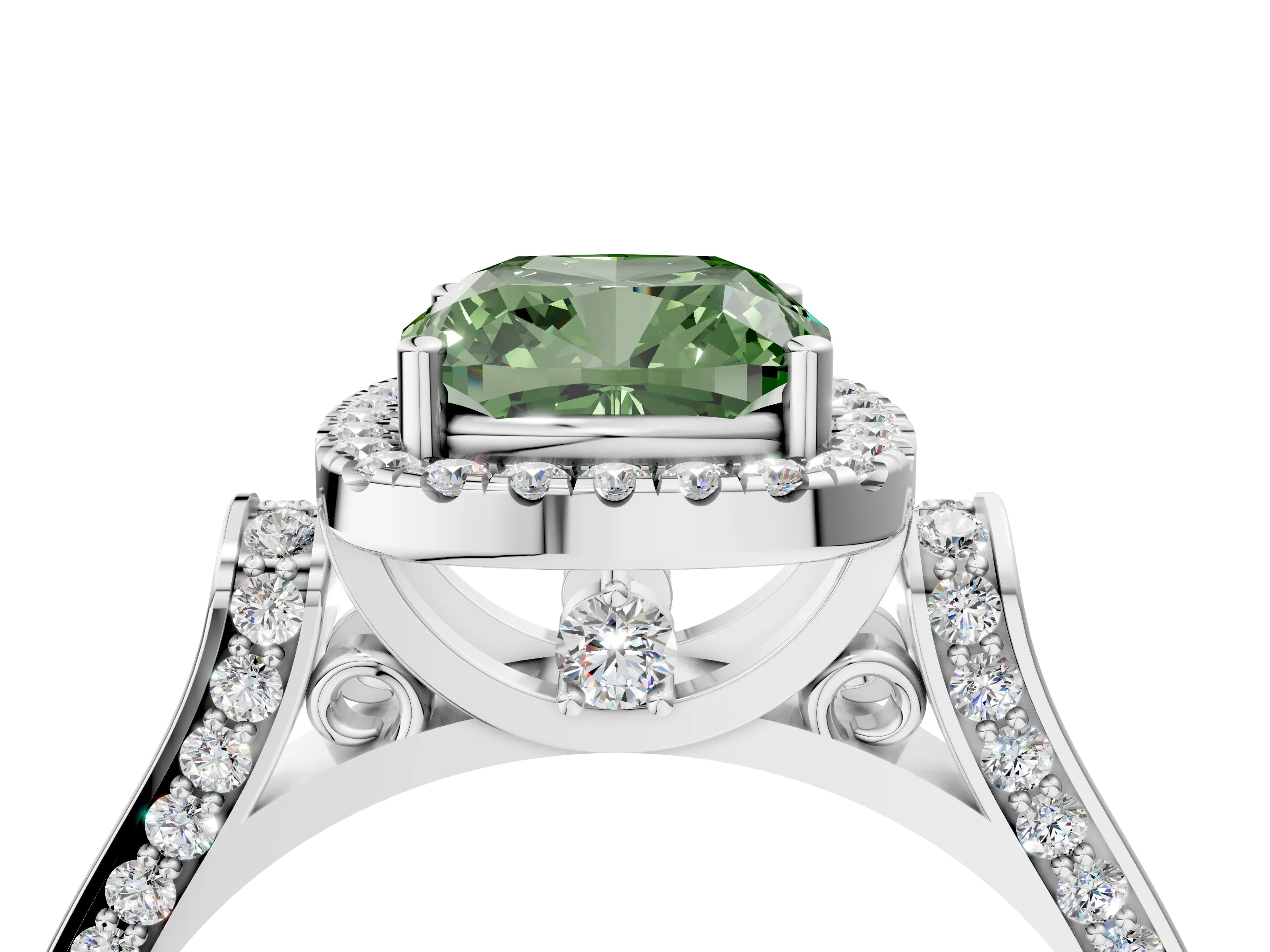 White gold Fancy Green Cushion Cut Halo Round Diamond Twist Band with Four-Prong Setting_28