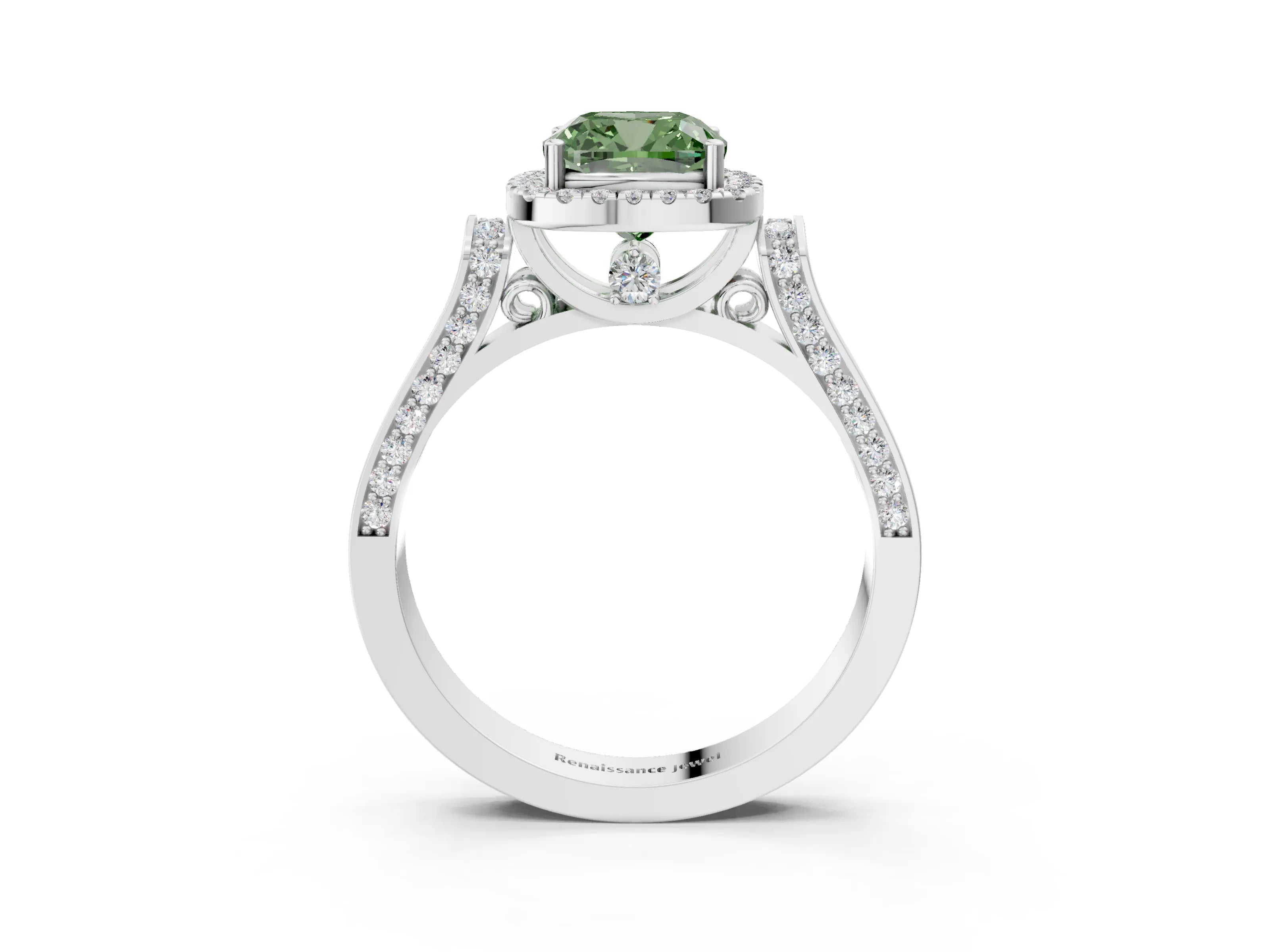 White gold Fancy Green Cushion Cut Halo Round Diamond Twist Band with Four-Prong Setting_3