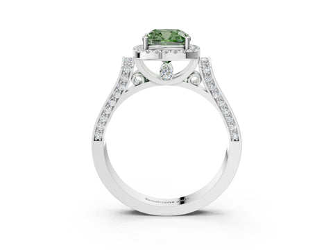 White gold Fancy Green Cushion Cut Halo Round Diamond Twist Band with Four-Prong Setting_3