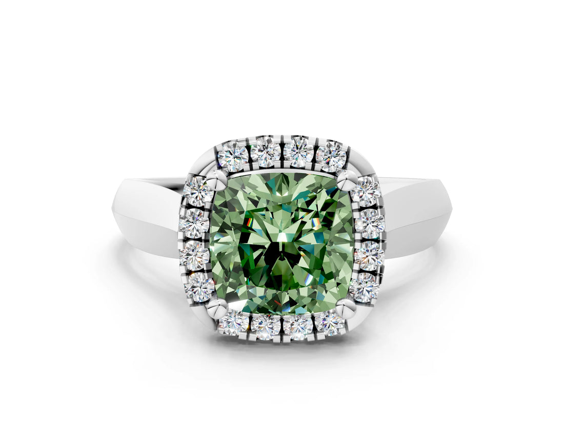 White gold Fancy Green Cushion  Cut Halo Solitaire Engagement Ring with Square Band and Four-Prong Setting_102