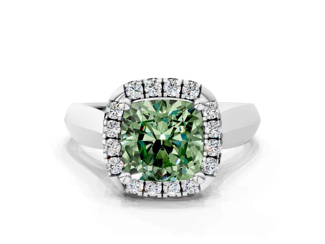 White gold Fancy Green Cushion  Cut Halo Solitaire Engagement Ring with Square Band and Four-Prong Setting_126
