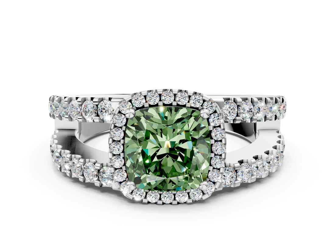 White gold Fancy Green Cushion  Cut Halo Split Shank Diamond Ring with Four-Prong Setting_45