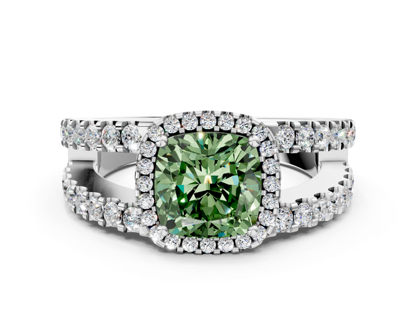 Platinum Fancy Green Cushion  Cut Halo Split Shank Diamond Ring with Four-Prong Setting