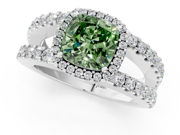 Platinum Fancy Green Cushion  Cut Halo Split Shank Diamond Ring with Four-Prong Setting
