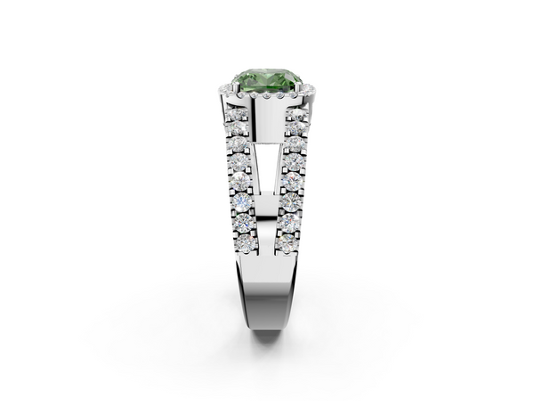 Platinum Fancy Green Cushion  Cut Halo Split Shank Diamond Ring with Four-Prong Setting