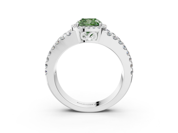 Platinum Fancy Green Cushion  Cut Halo Split Shank Diamond Ring with Four-Prong Setting