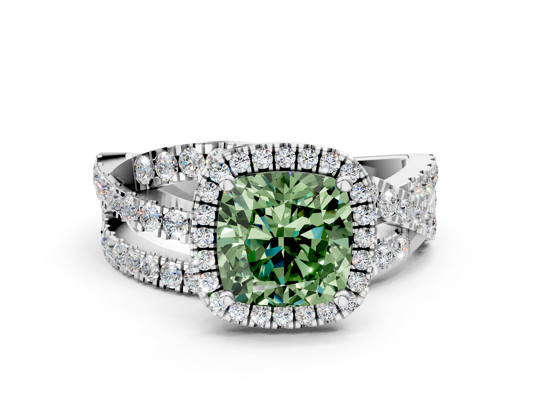 White gold Fancy Green Cushion  Cut Halo Split Shank Prong Setting Ring_61