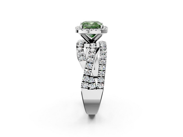 White gold Fancy Green Cushion  Cut Halo Split Shank Prong Setting Ring