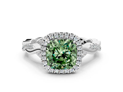 White gold Fancy Green Cushion Cut Halo Twist Band with Four-Prong Setting