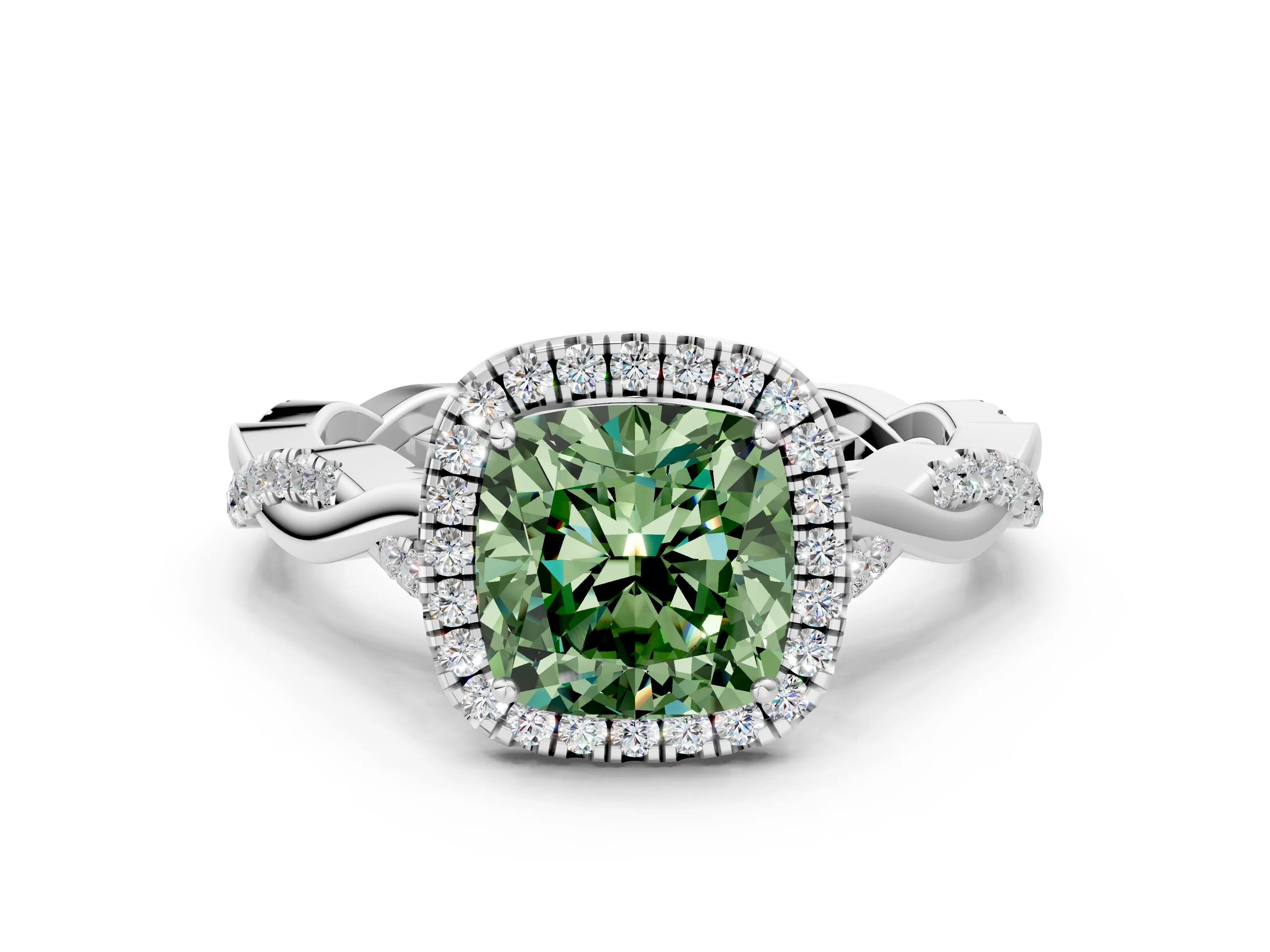 White gold Fancy Green Cushion Cut Halo Twist Band with Four-Prong Setting