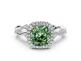 White gold Fancy Green Cushion Cut Halo Twist Band with Four-Prong Setting