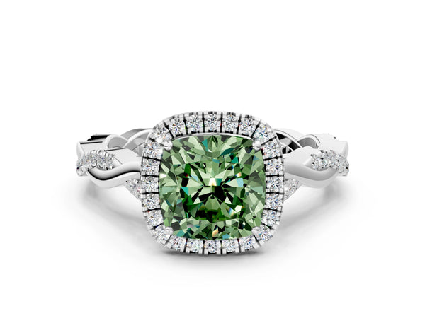 White gold Fancy Green Cushion Cut Halo Twist Band with Four-Prong Setting