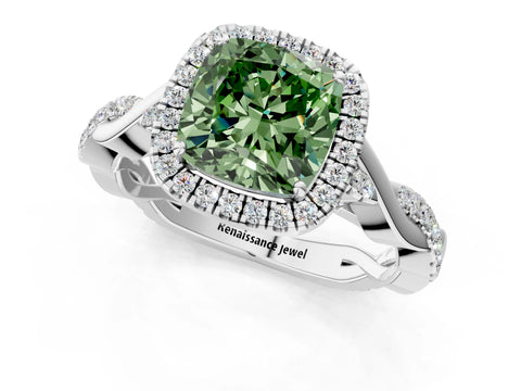 White gold Fancy Green Cushion Cut Halo Twist Band with Four-Prong Setting_1
