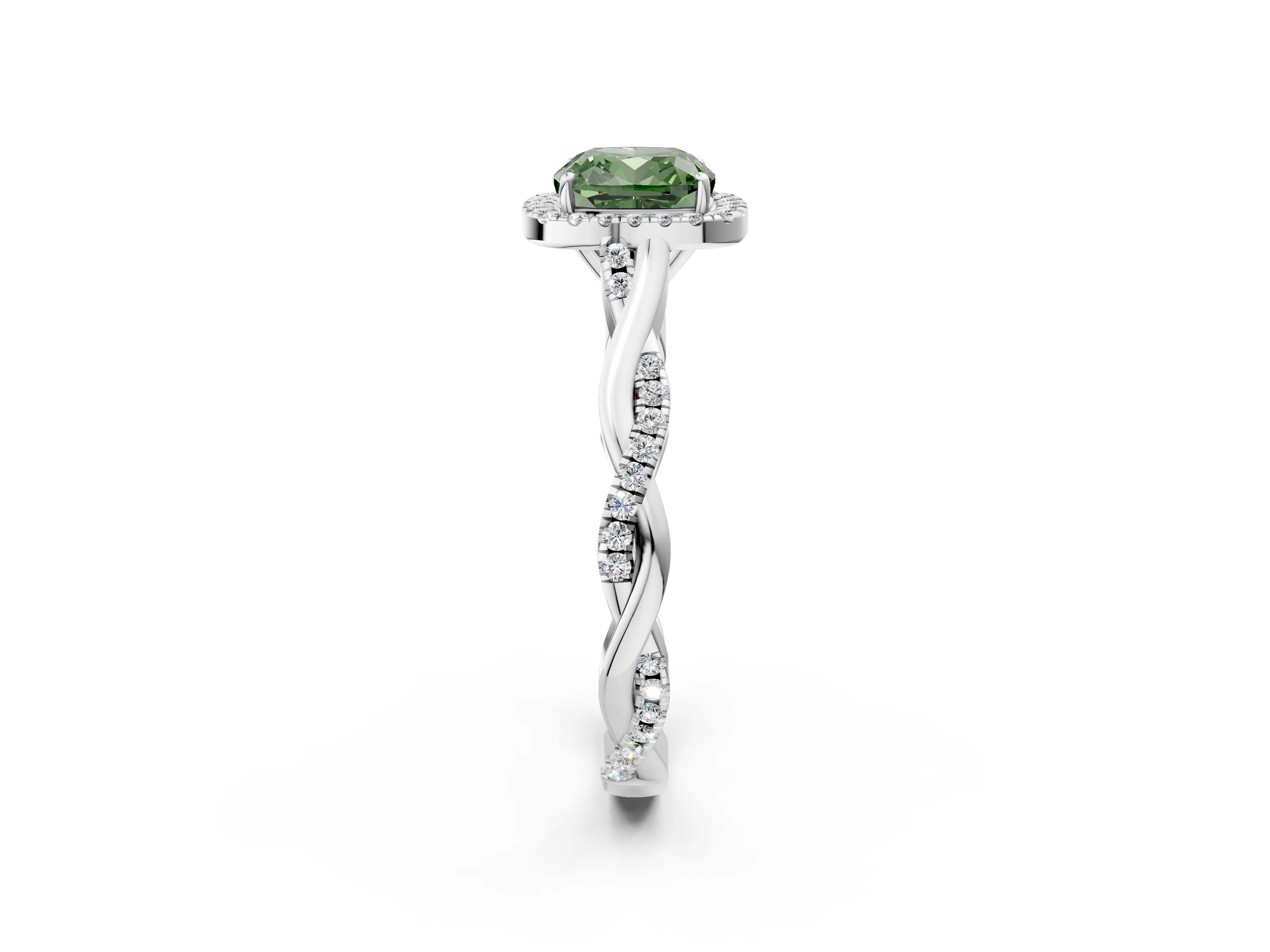White gold Fancy Green Cushion Cut Halo Twist Band with Four-Prong Setting_2