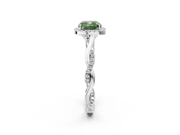 White gold Fancy Green Cushion Cut Halo Twist Band with Four-Prong Setting