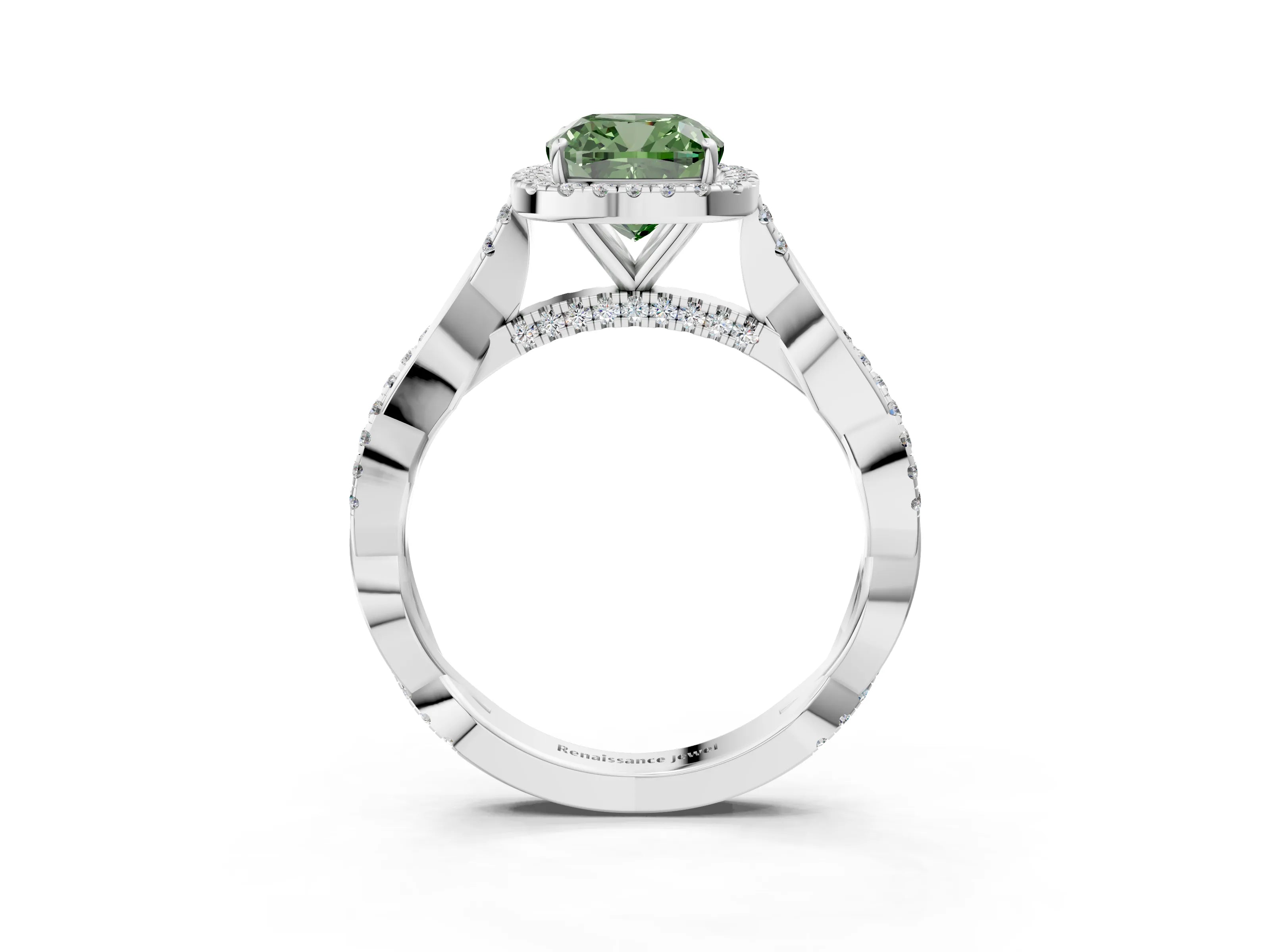 White gold Fancy Green Cushion Cut Halo Twist Band with Four-Prong Setting_3