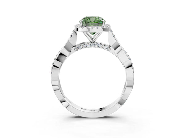 White gold Fancy Green Cushion Cut Halo Twist Band with Four-Prong Setting
