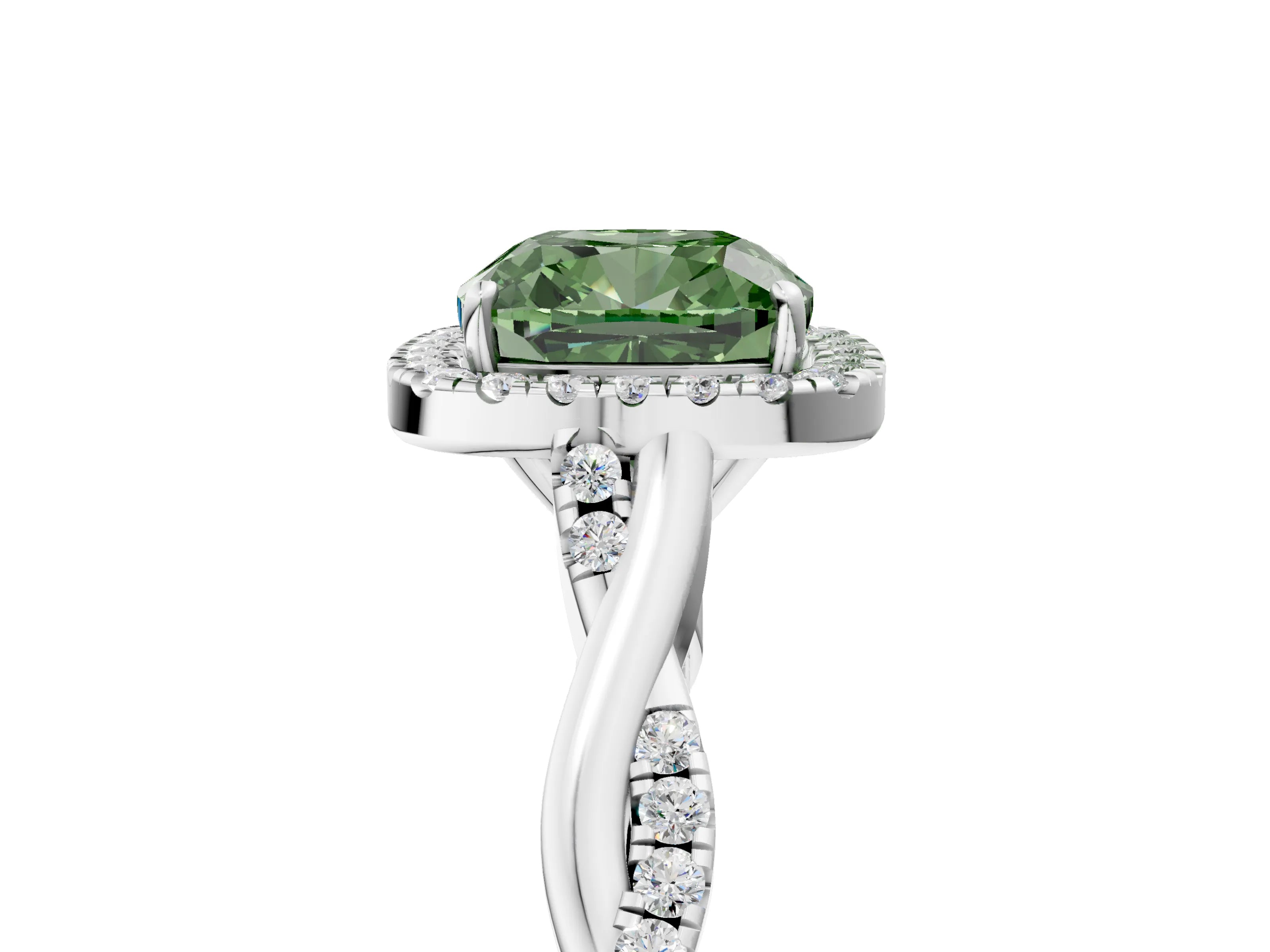 White gold Fancy Green Cushion Cut Halo Twist Band with Four-Prong Setting_5
