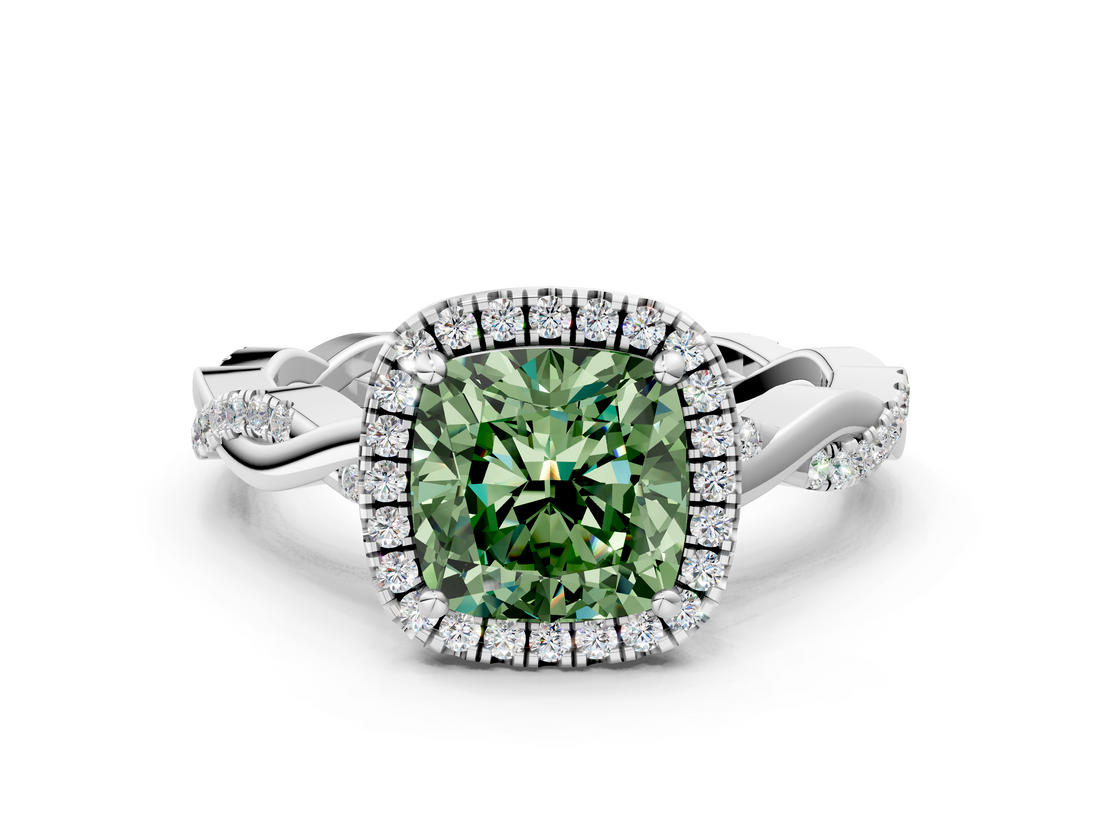 White gold Fancy Green Cushion  Cut Halo Twisted Band Four-Prong Ring_20