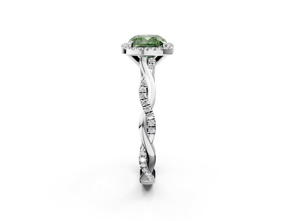 Platinum Fancy Green Cushion  Cut Halo Twisted Band Four-Prong Ring