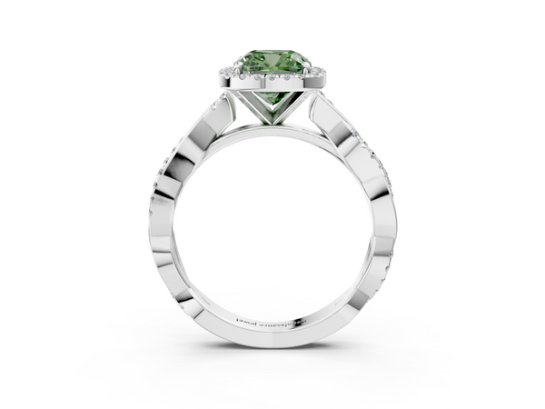Platinum Fancy Green Cushion  Cut Halo Twisted Band Four-Prong Ring
