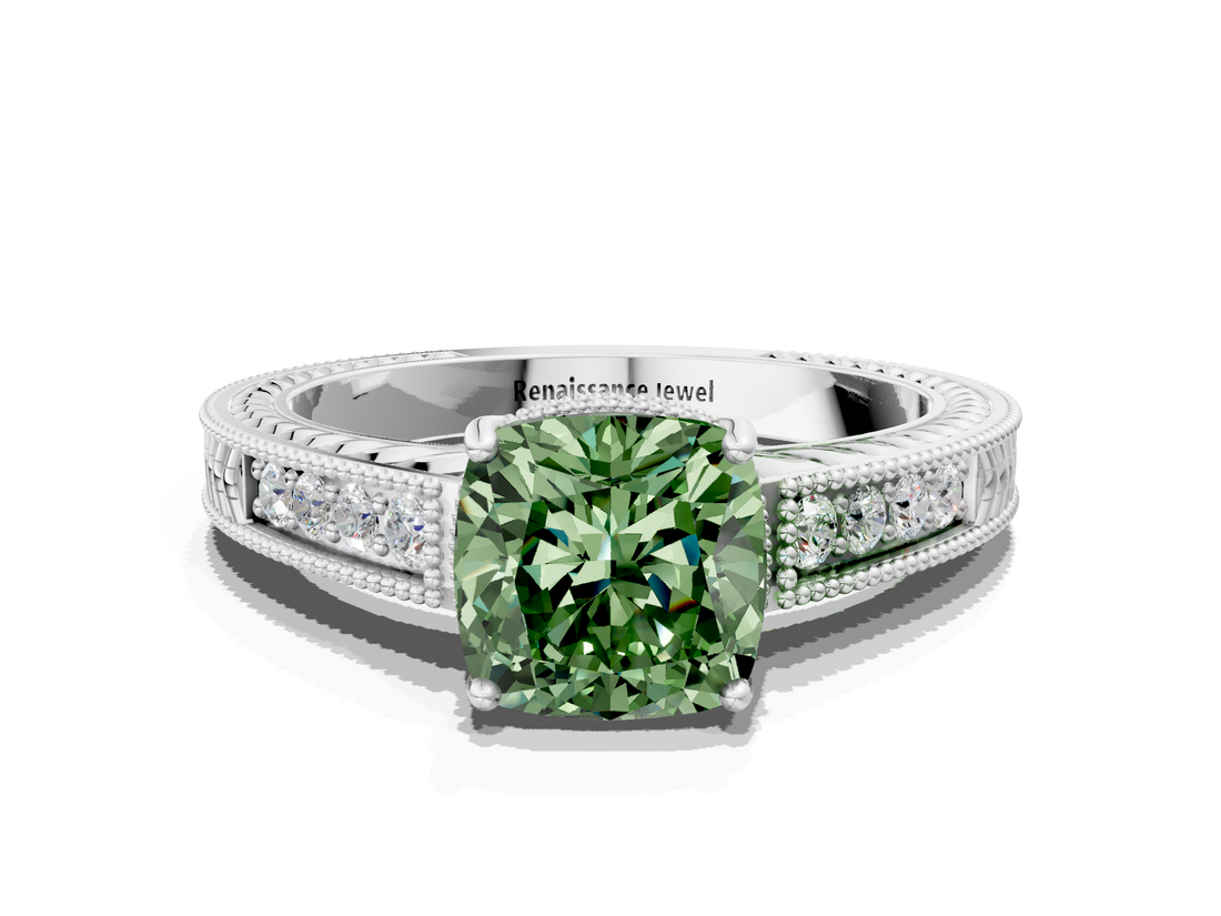 White gold Fancy Green Cushion  Cut Milgrain Channel Set Engagement Ring with Solitaire Prong Setting_61