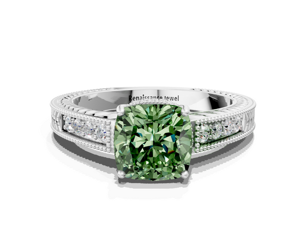 Platinum Fancy Green Cushion Cut Diamond Engagement Ring with Milgrain Channel Set Band and Prong Setting