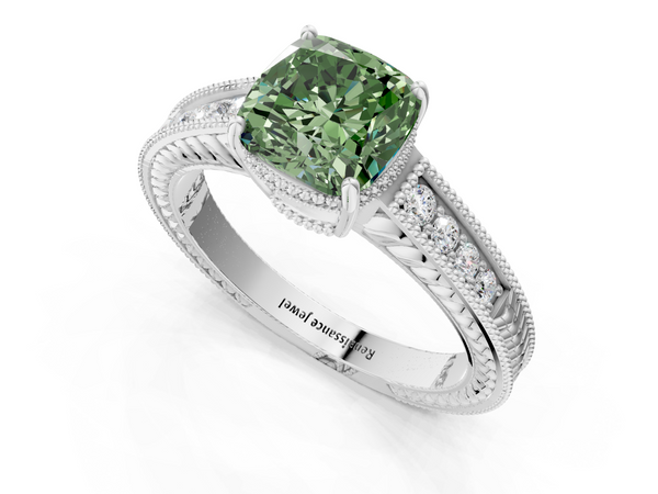 Platinum Fancy Green Cushion Cut Diamond Engagement Ring with Milgrain Channel Set Band and Prong Setting