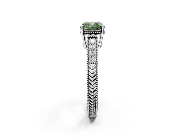 Platinum Fancy Green Cushion Cut Diamond Engagement Ring with Milgrain Channel Set Band and Prong Setting