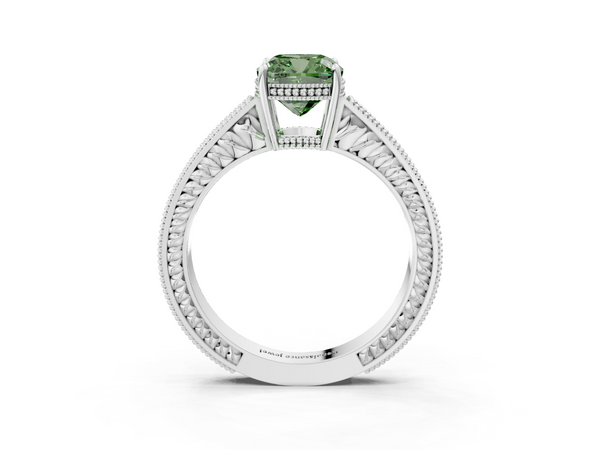 Platinum Fancy Green Cushion Cut Diamond Engagement Ring with Milgrain Channel Set Band and Prong Setting