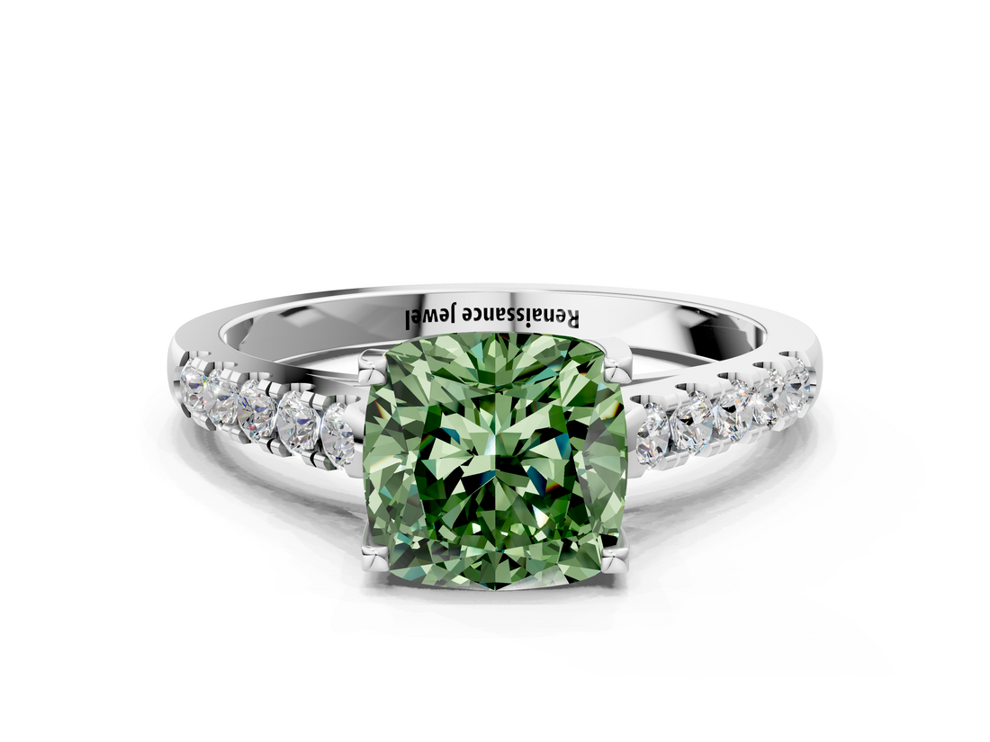 White gold Fancy Green Cushion  Cut Pavé Band Solitaire Ring with Four-Prong Setting_61