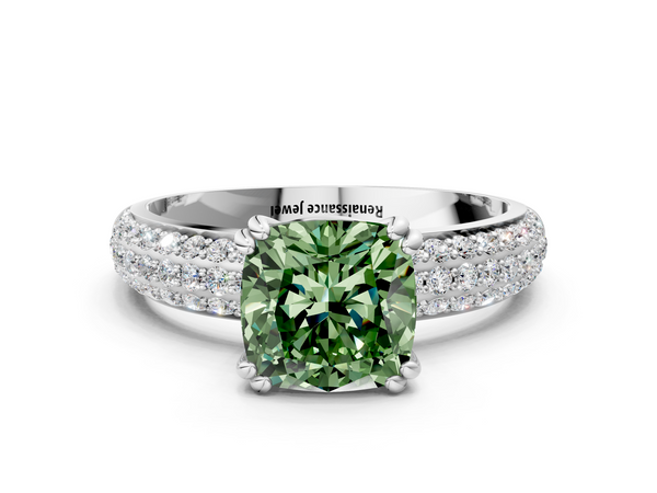 Platinum Fancy Green Cushion  Cut Pave Diamond Engagement Ring with Channel Set Band and Four-Prong Setting