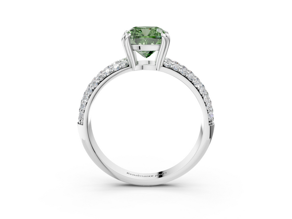 Platinum Fancy Green Cushion  Cut Pave Diamond Engagement Ring with Channel Set Band and Four-Prong Setting