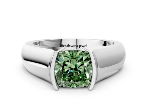 White gold Fancy Green Cushion Cut Solitaire Bezel Set Diamond Ring with Wide Band_12