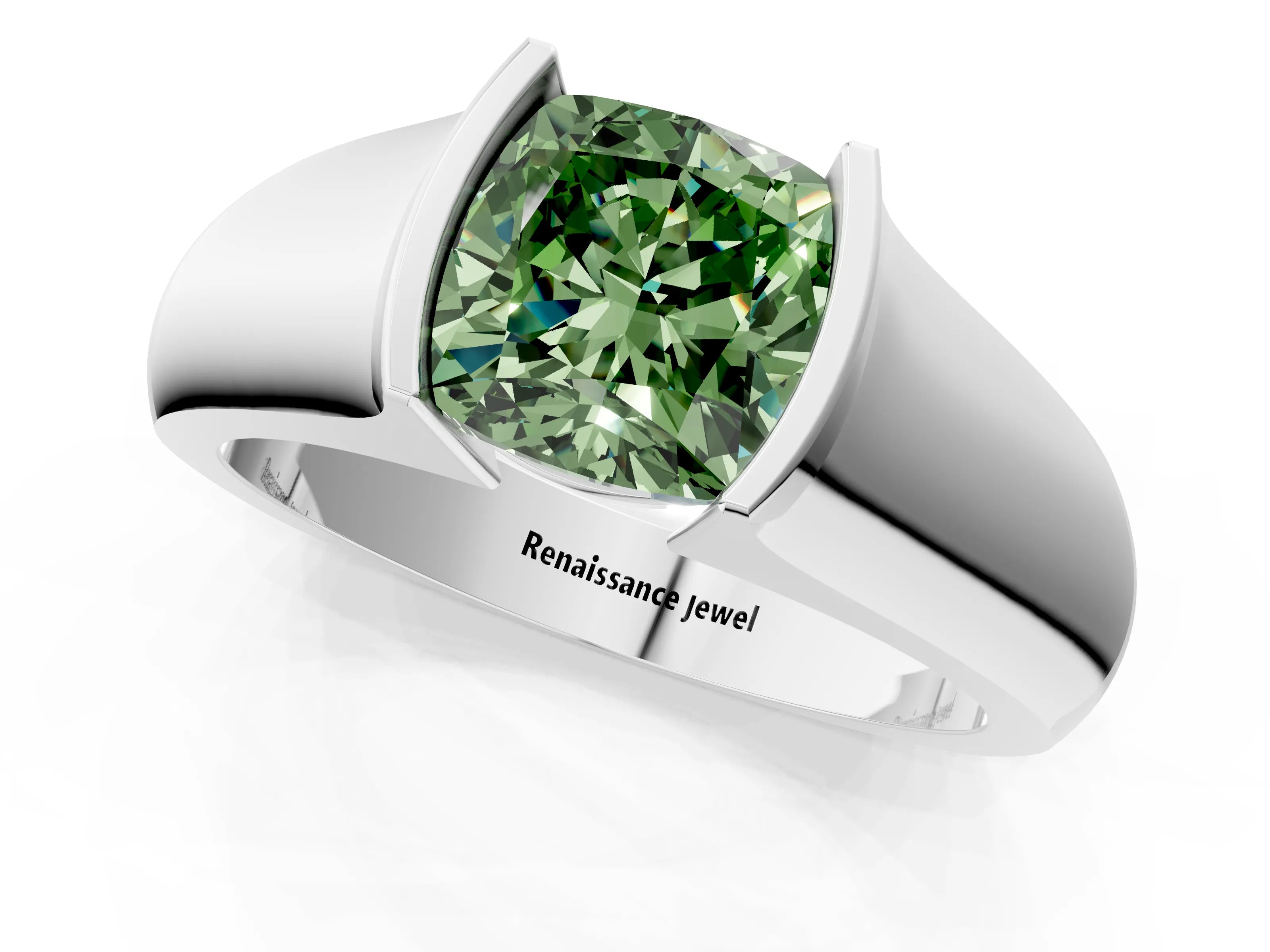 White gold Fancy Green Cushion Cut Solitaire Bezel Set Diamond Ring with Wide Band_13