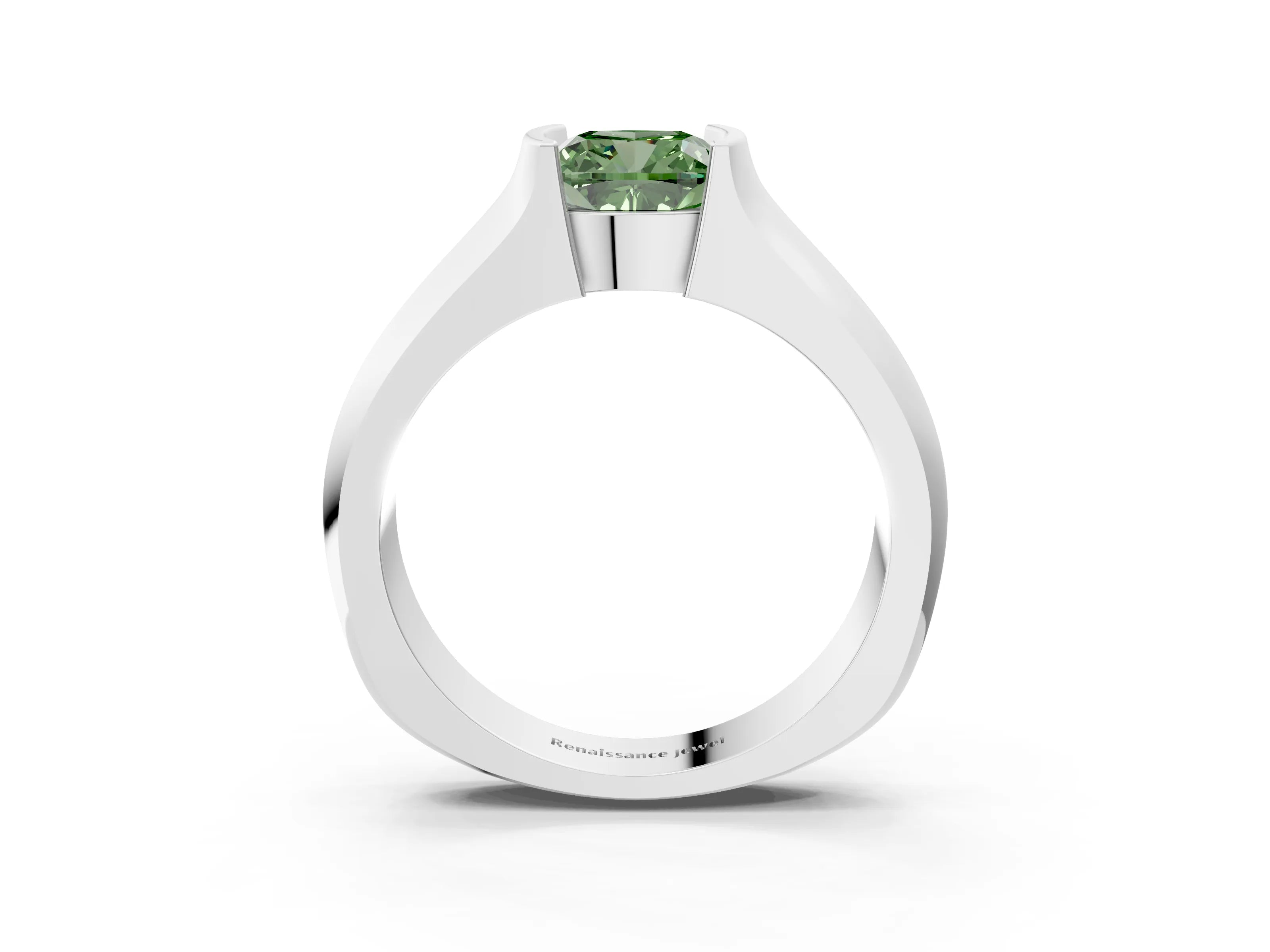 White gold Fancy Green Cushion Cut Solitaire Bezel Set Diamond Ring with Wide Band_15
