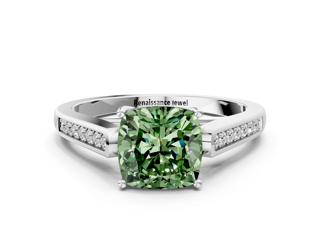 White gold Fancy Green Cushion Cut Solitaire Cathedral Diamond Engagement Ring with Channel-Set Band and Four-Prong Setting_15