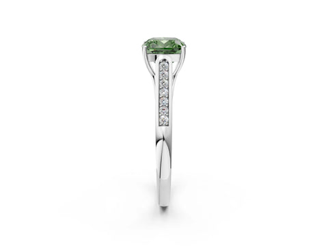 White gold Fancy Green Cushion Cut Solitaire Cathedral Diamond Engagement Ring with Channel-Set Band and Four-Prong Setting_17