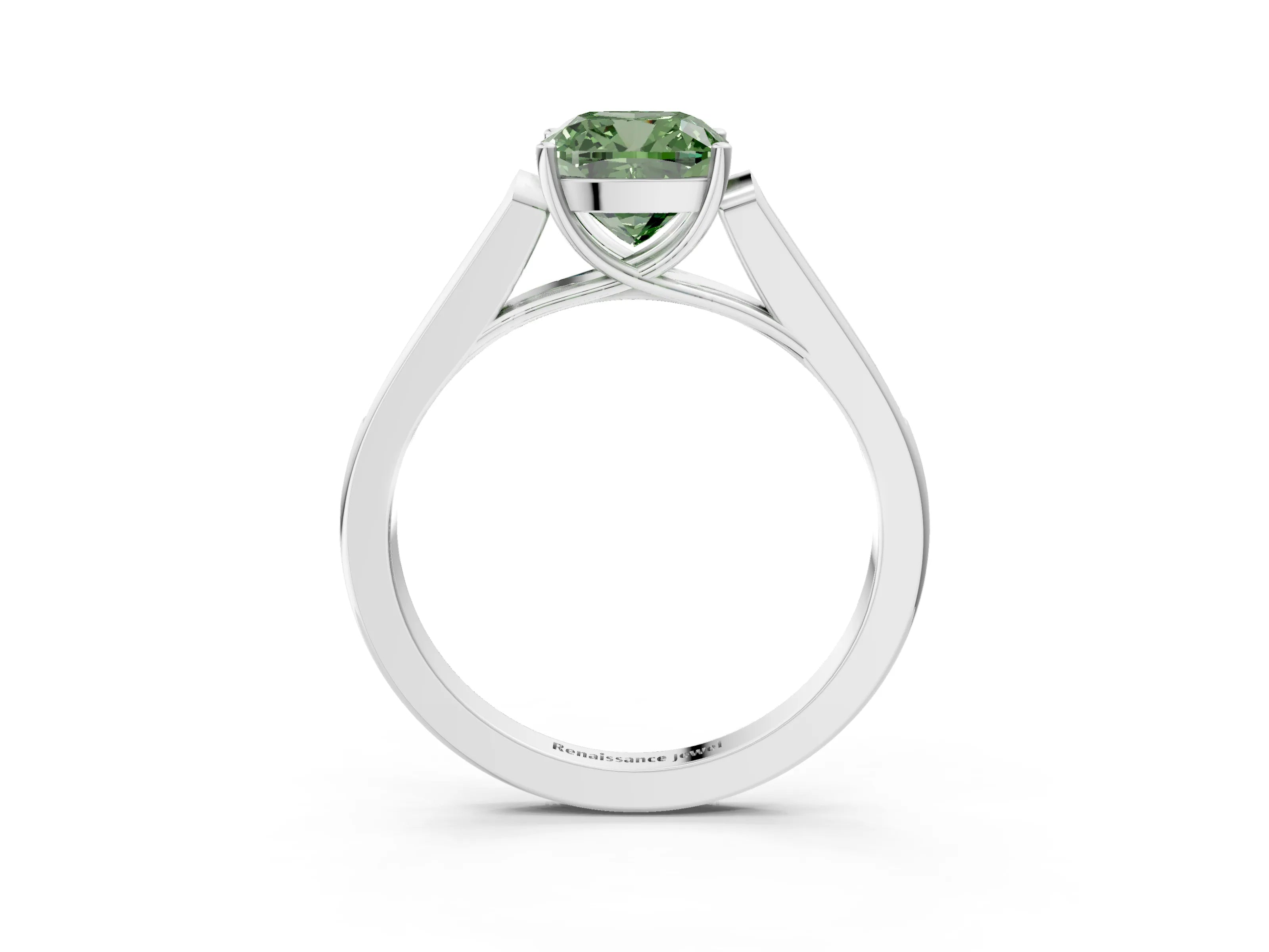 White gold Fancy Green Cushion Cut Solitaire Cathedral Diamond Engagement Ring with Channel-Set Band and Four-Prong Setting_18