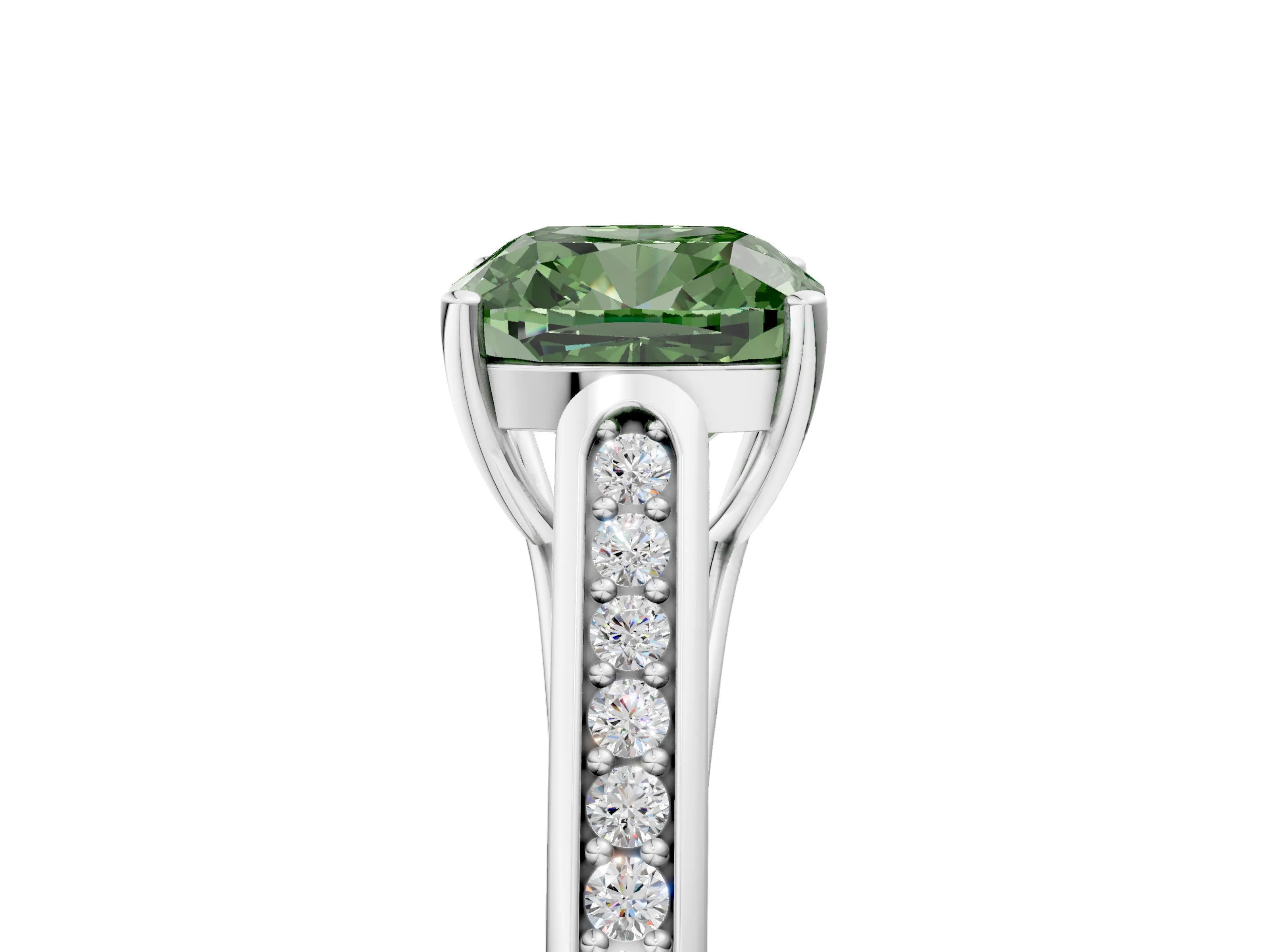 White gold Fancy Green Cushion Cut Solitaire Cathedral Diamond Engagement Ring with Channel-Set Band and Four-Prong Setting_20