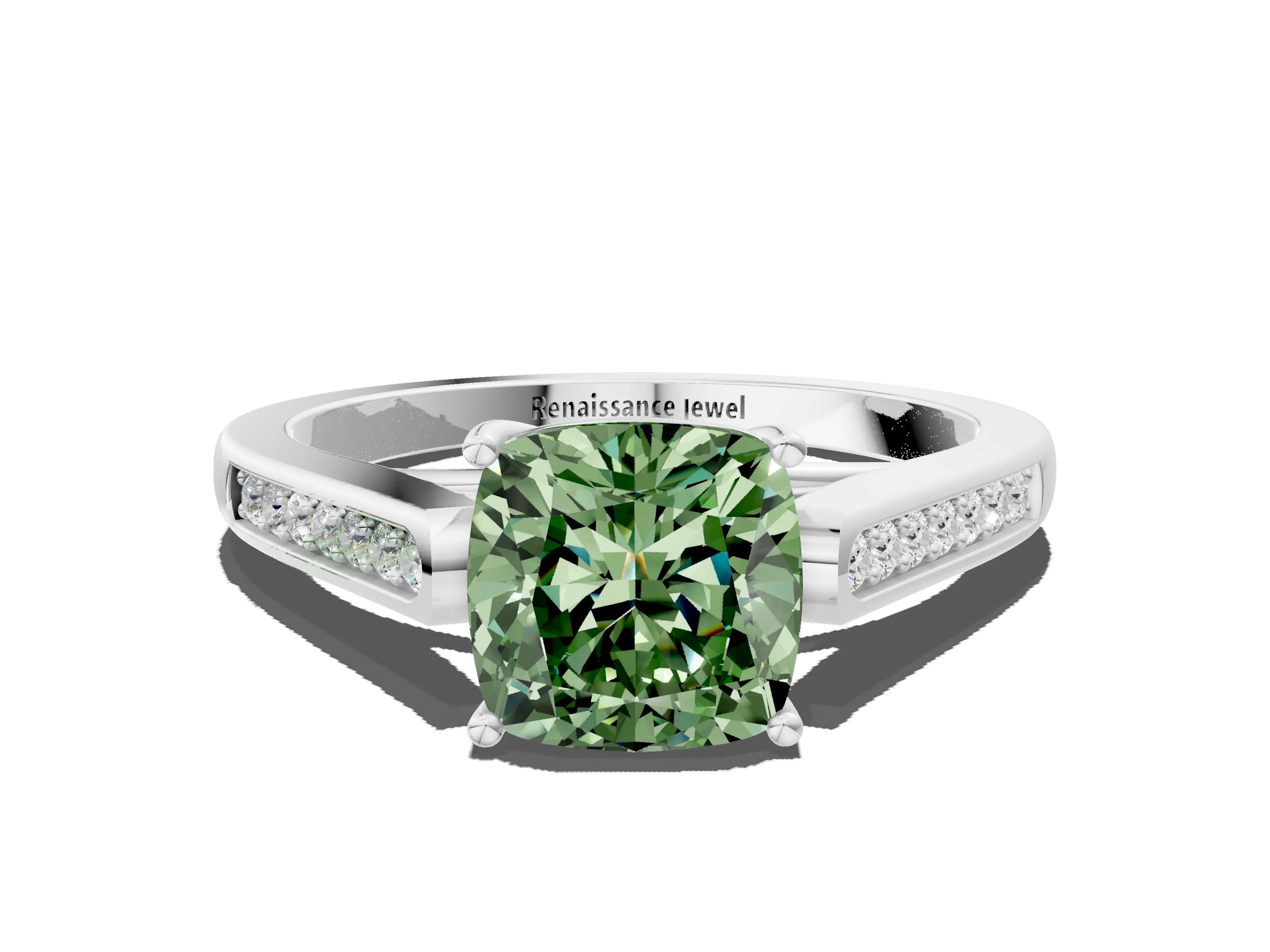 White gold Fancy Green Cushion Cut Solitaire Cathedral Diamond Engagement Ring with Channel-Set Band and Four-Prong Setting_3