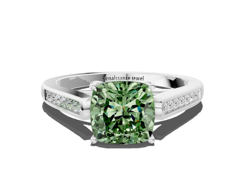 White gold Fancy Green Cushion Cut Solitaire Cathedral Diamond Engagement Ring with Channel-Set Band and Four-Prong Setting_3