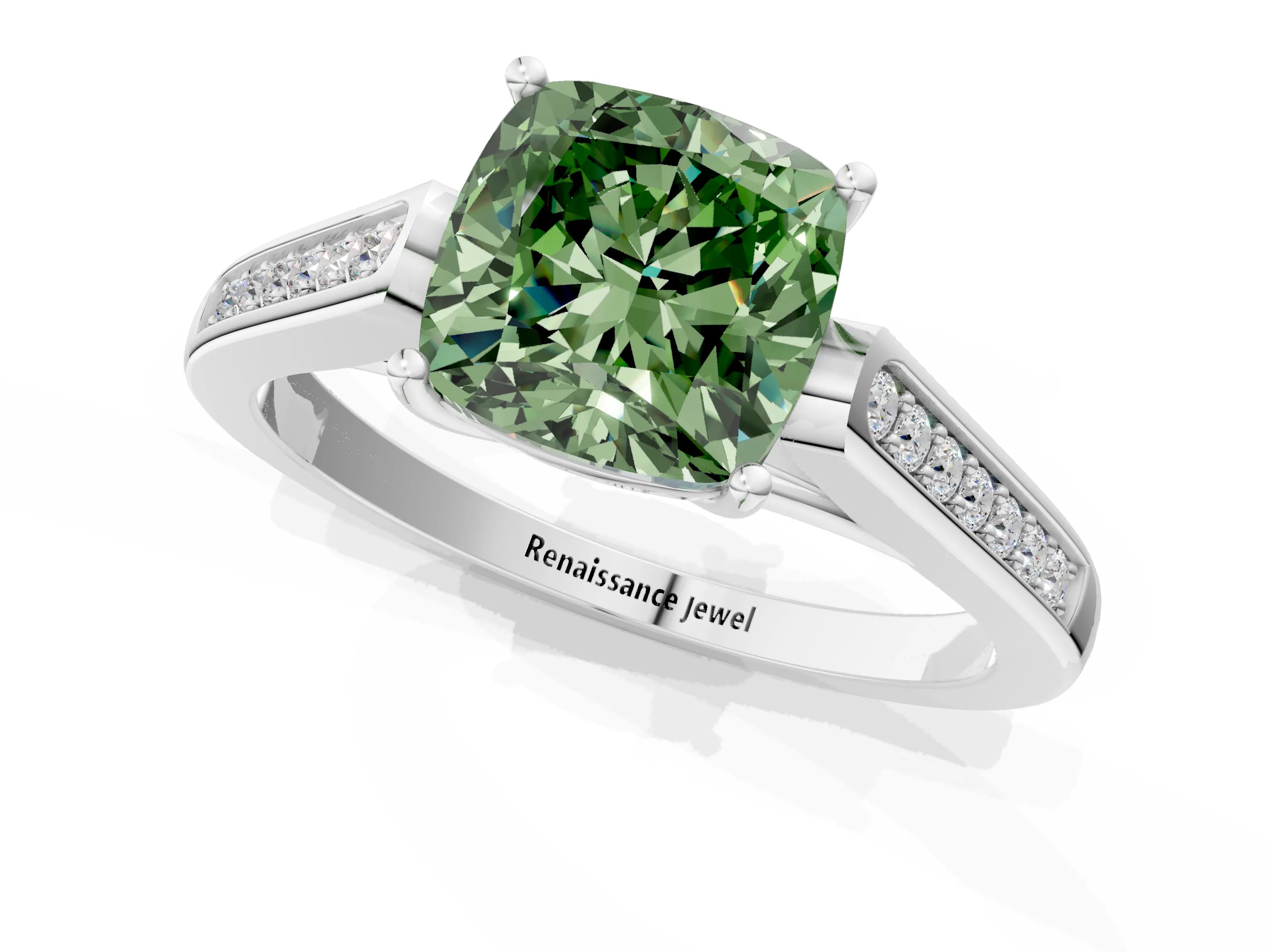 White gold Fancy Green Cushion Cut Solitaire Cathedral Diamond Engagement Ring with Channel-Set Band and Four-Prong Setting_4