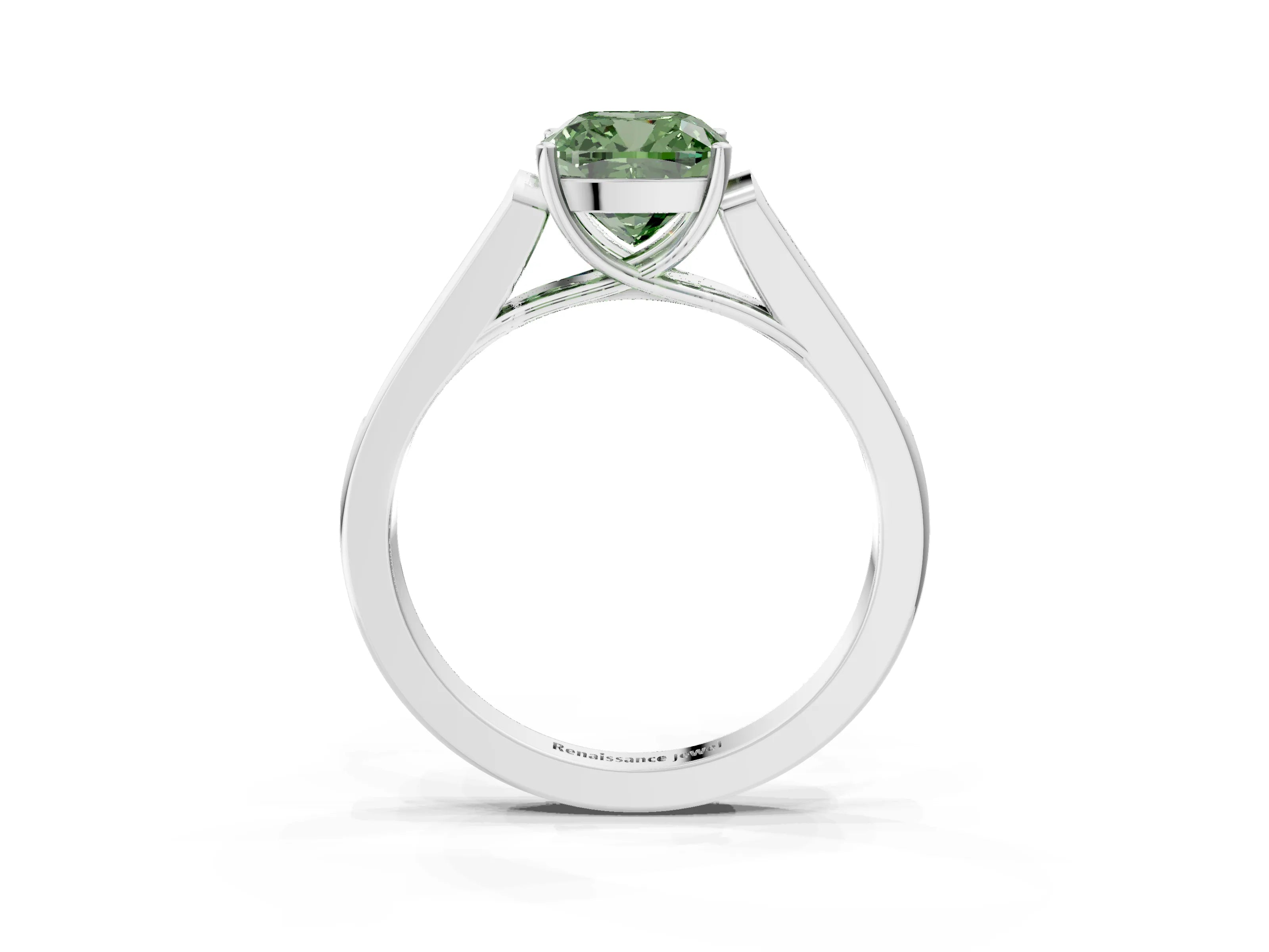 White gold Fancy Green Cushion Cut Solitaire Cathedral Diamond Engagement Ring with Channel-Set Band and Four-Prong Setting_6