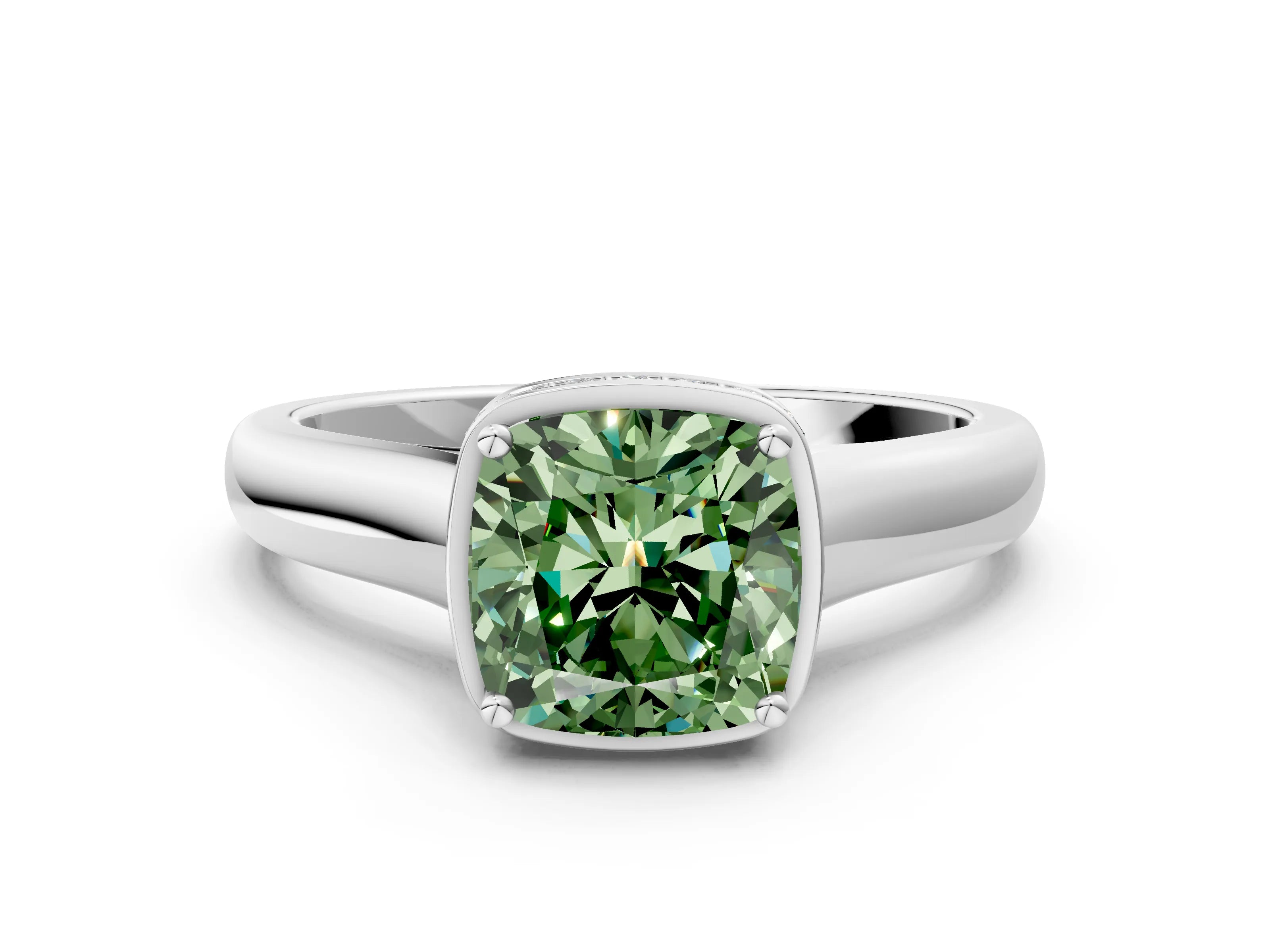 White gold Fancy Green Cushion Cut Solitaire Diamond Engagement Ring with Four-Prong Setting and Tapered Band